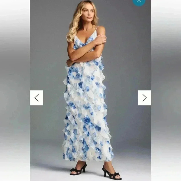 NWOT Anthropologie BHLDN Jia Printed Bias-Cut Ruffled V-Neck Gown Maxi Blue Sz 2 - Picture 1 of 7